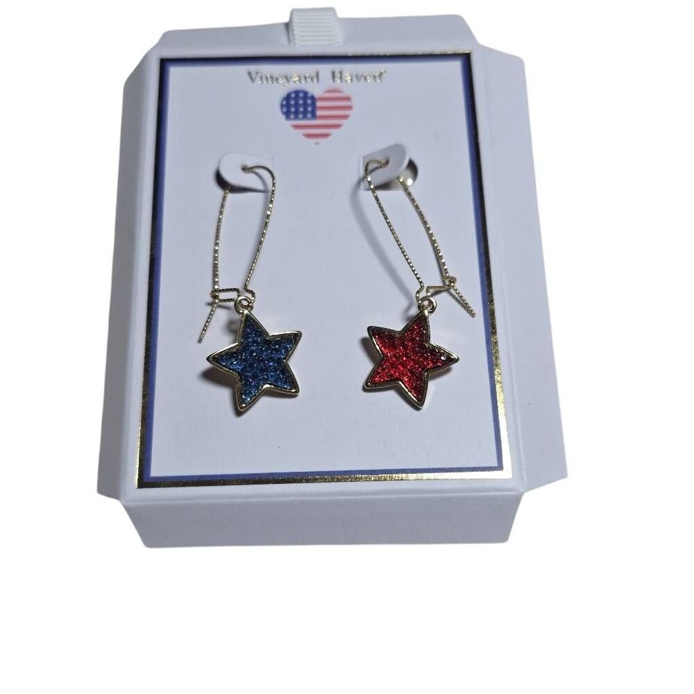 Vineyard Haven Red Blue Gold Patriotic Star Dangly Sparkly Earrings